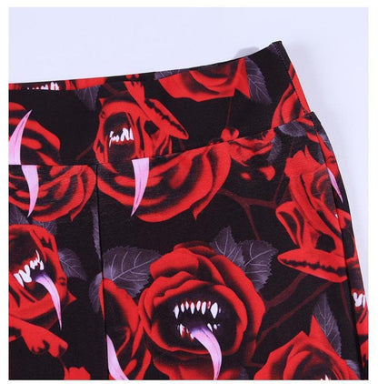 Women'S Dark Gothic Rose Print Knee Cutout Leggings Pants