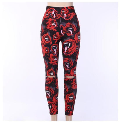 Women'S Dark Gothic Rose Print Knee Cutout Leggings Pants