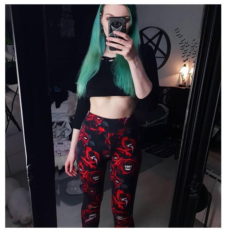 Women'S Dark Gothic Rose Print Knee Cutout Leggings Pants