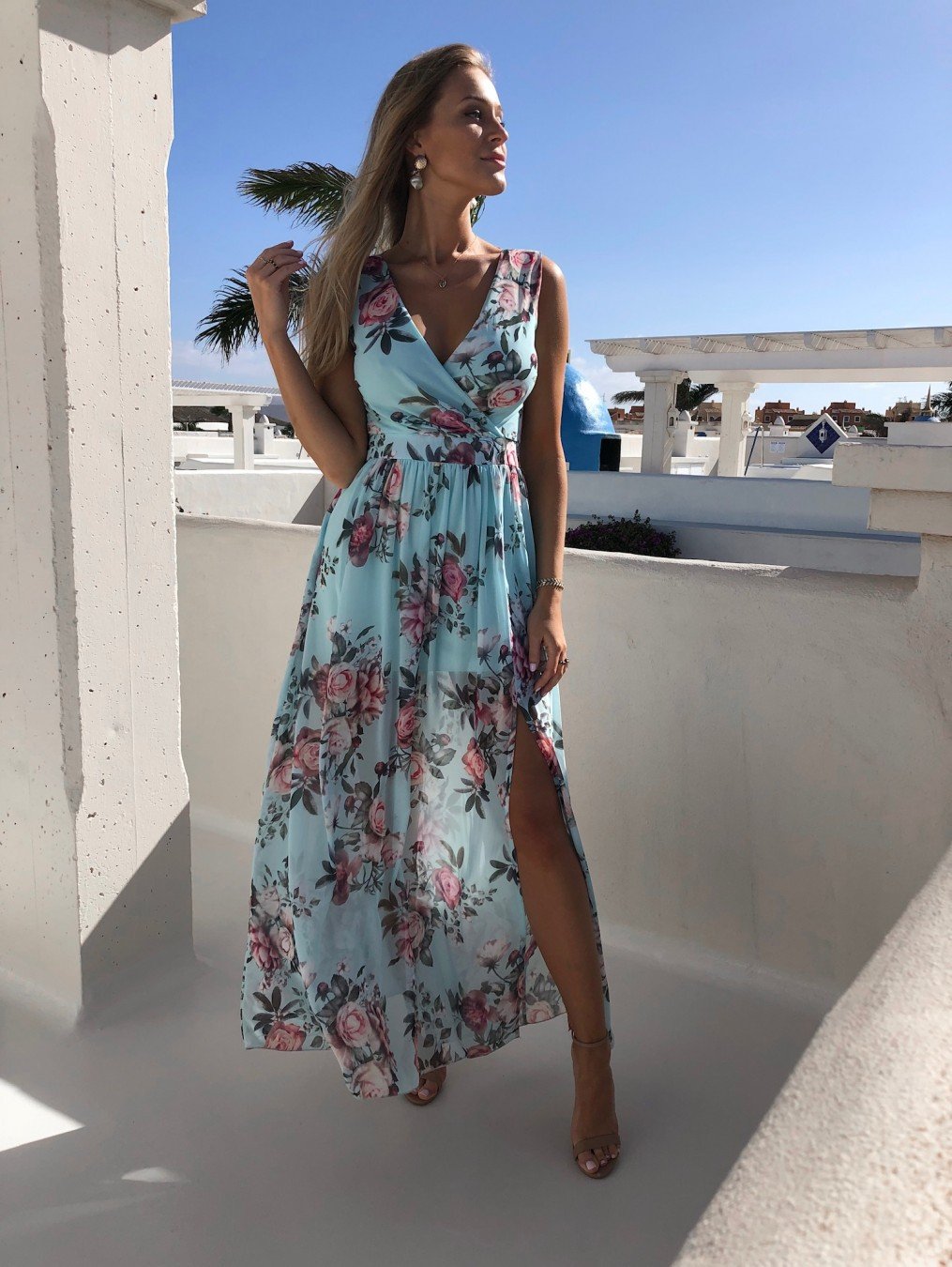 Printed Chiffon Dress Sleeveless Beach Fork Long Skirt.