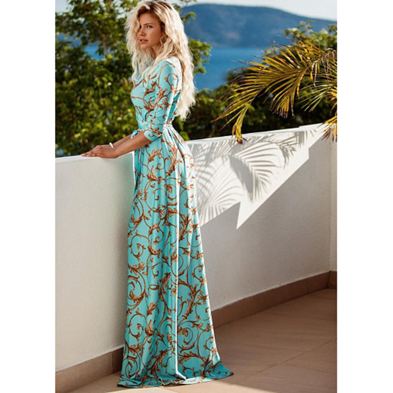 Women'S Print Slim Dress Mid-Sleeved V-Neck Maxi Skirt