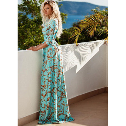 Women'S Print Slim Dress Mid-Sleeved V-Neck Maxi Skirt