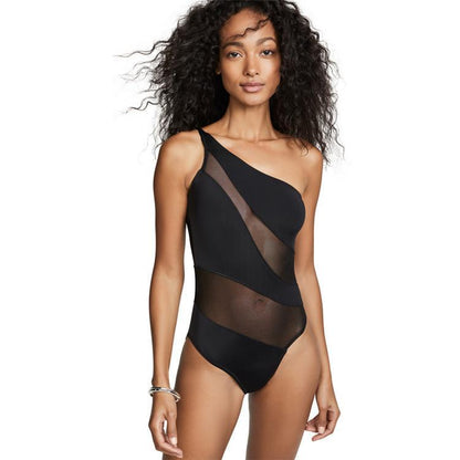 New Sexy One-Shoulder Gauze Stitching Covering Belly Slimming One-Piece Swimsuit
