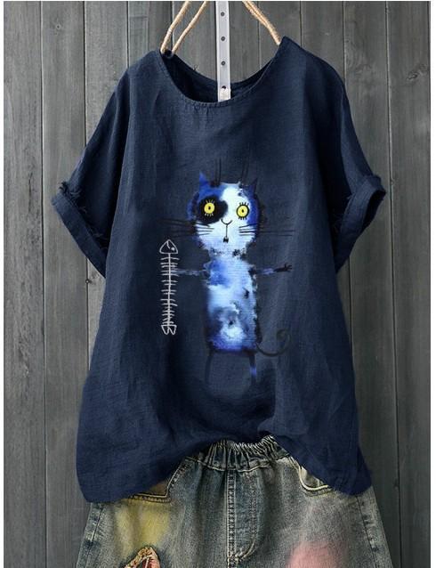 Fishbone Printing Solid Color Joker Original Artistic Crew Neck T-Shirt