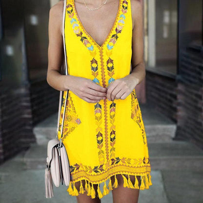 Loose A-Word Skirt Tassel Folk Print Dress