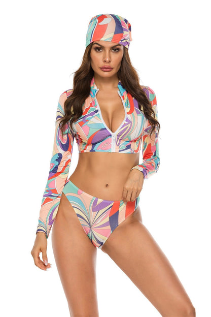 Conservative Printed Bikini Women'S Split Long Sleeve Swimsuit 3-Piece Tankini Set 78
