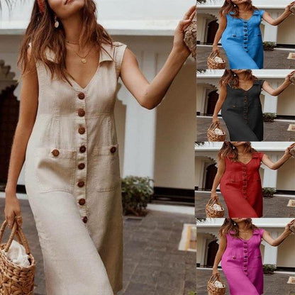 Cotton And Linen Dress Slimming V Sleeveless Dress