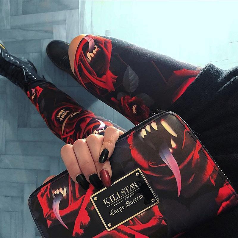 Women'S Dark Gothic Rose Print Knee Cutout Leggings Pants