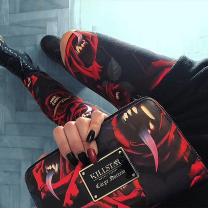 Women'S Dark Gothic Rose Print Knee Cutout Leggings Pants