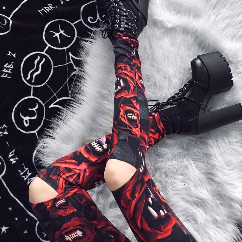 Women'S Dark Gothic Rose Print Knee Cutout Leggings Pants