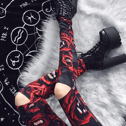 Women'S Dark Gothic Rose Print Knee Cutout Leggings Pants