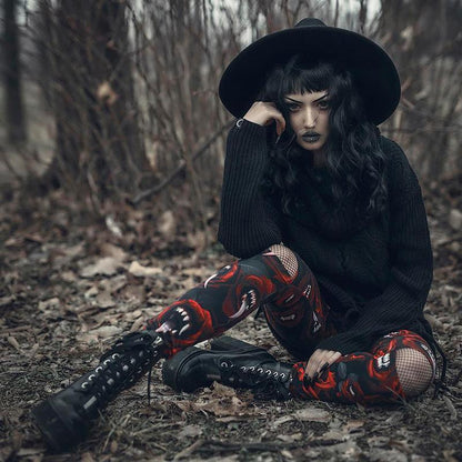 Women'S Dark Gothic Rose Print Knee Cutout Leggings Pants