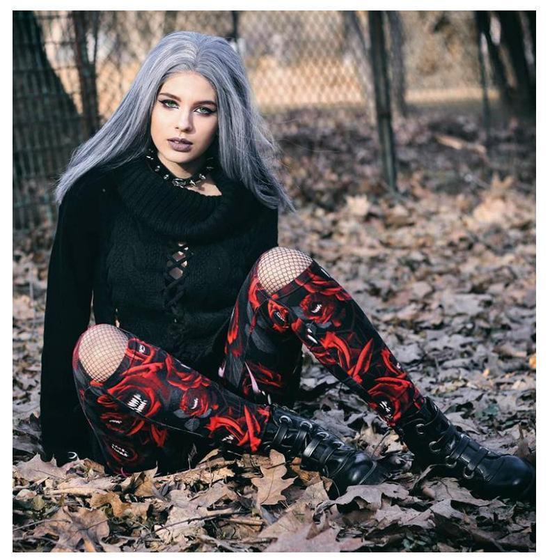 Women'S Dark Gothic Rose Print Knee Cutout Leggings Pants