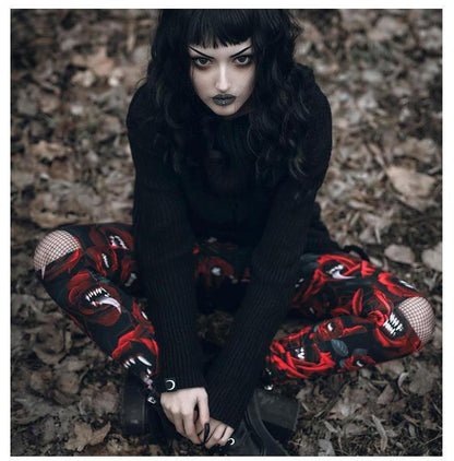 Women'S Dark Gothic Rose Print Knee Cutout Leggings Pants