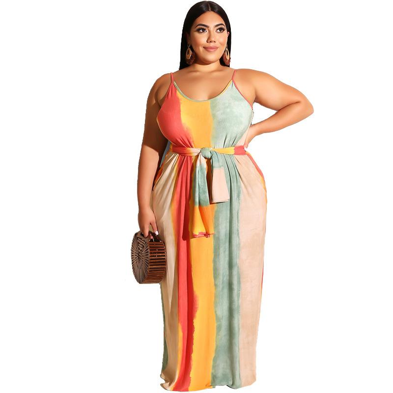 Large Women'S Stripe Loose Dress With Belt And Suspender Summer