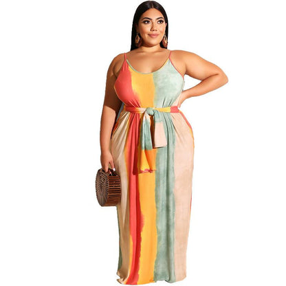 Large Women'S Stripe Loose Dress With Belt And Suspender Summer
