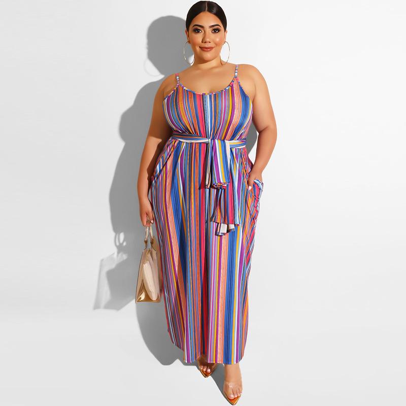 Large Women'S Stripe Loose Dress With Belt And Suspender Summer