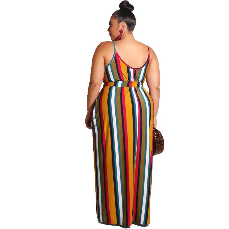Large Women'S Stripe Loose Dress With Belt And Suspender Summer