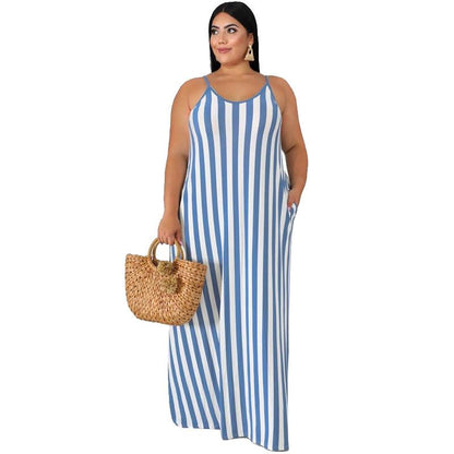 Large Women'S Stripe Loose Dress With Belt And Suspender Summer