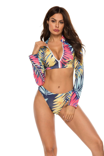 Conservative Printed Bikini Women'S Split Long Sleeve Swimsuit 3-Piece Tankini Set 78