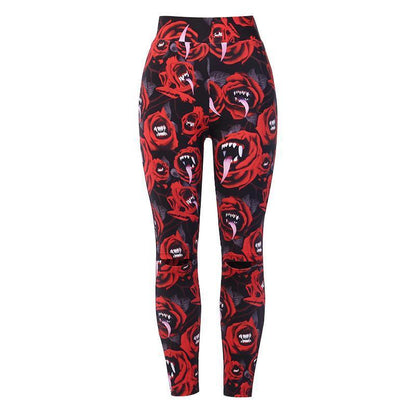 Women'S Dark Gothic Rose Print Knee Cutout Leggings Pants