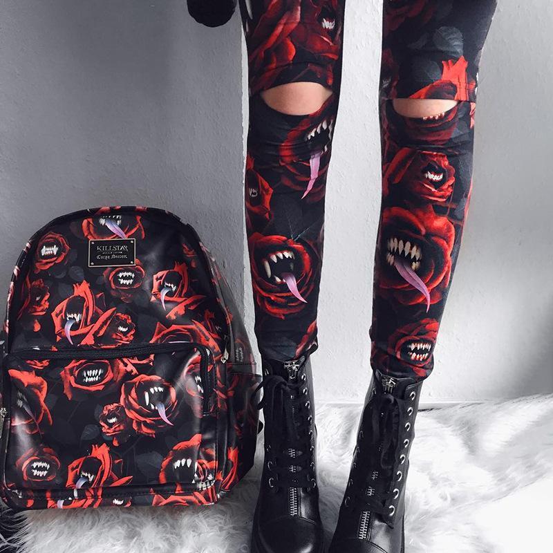 Women'S Dark Gothic Rose Print Knee Cutout Leggings Pants