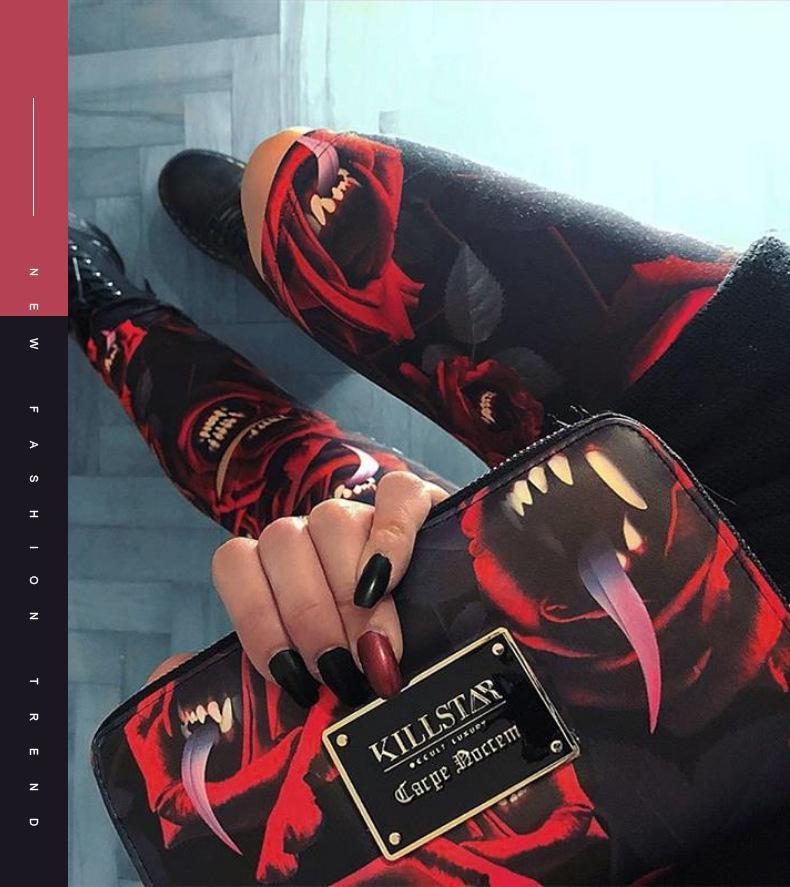 Women'S Dark Gothic Rose Print Knee Cutout Leggings Pants