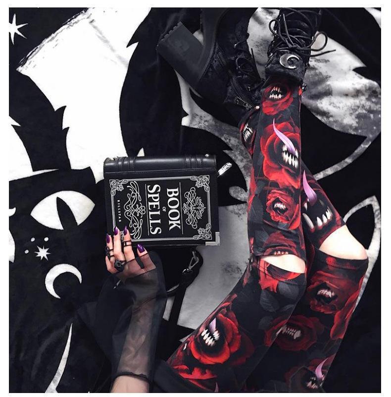 Women'S Dark Gothic Rose Print Knee Cutout Leggings Pants
