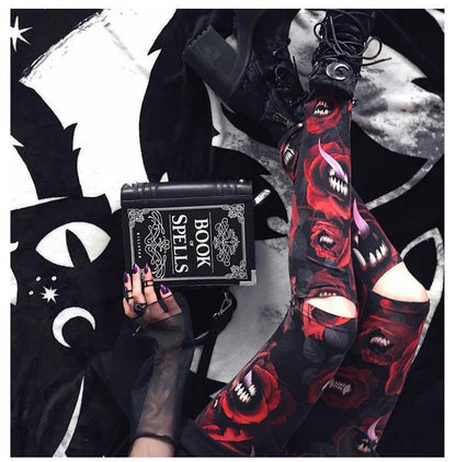 Women'S Dark Gothic Rose Print Knee Cutout Leggings Pants