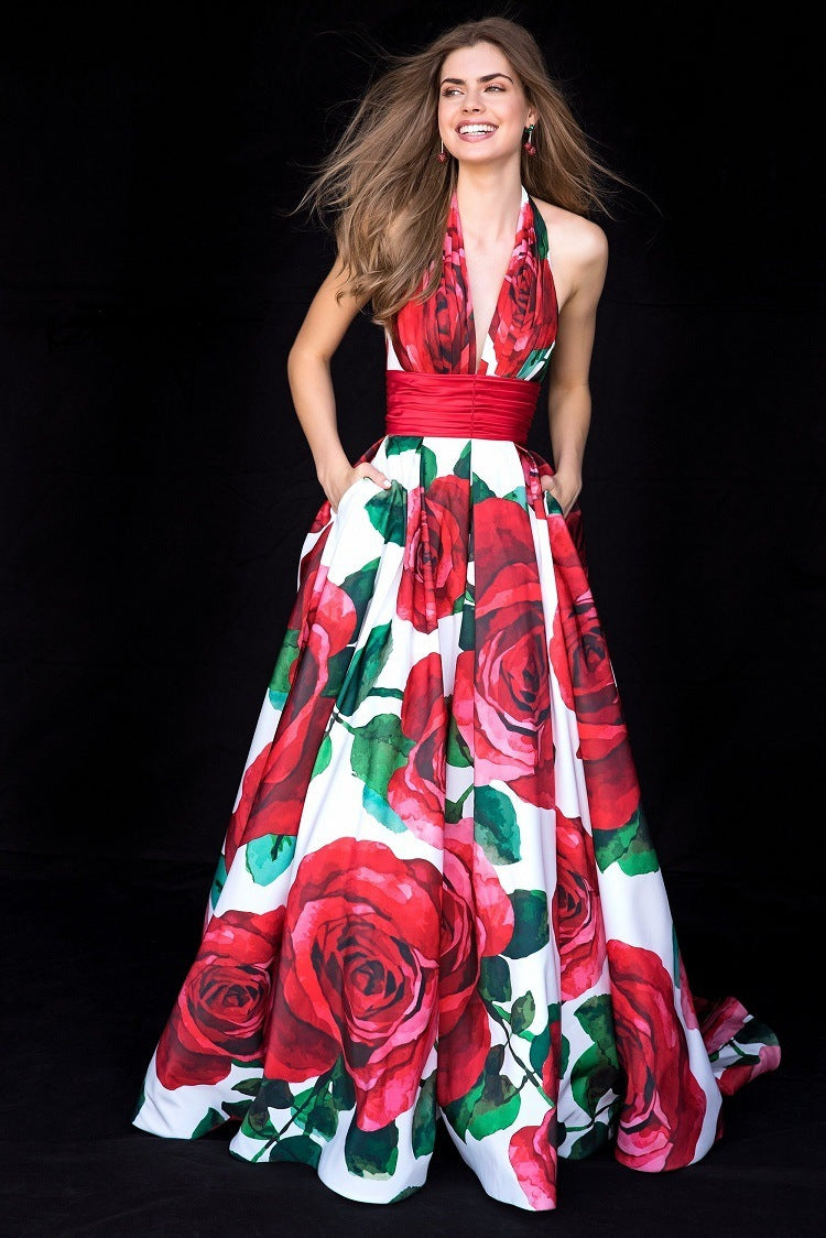 Dress Halter Neck V-Neck Backless Rose Flower Long Skirt