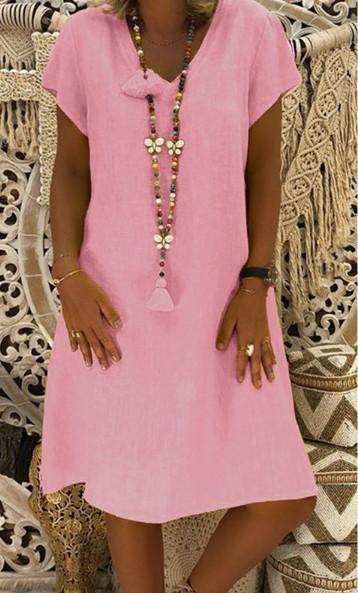 Short Sleeve Medium Skirt V-Neck Dress
