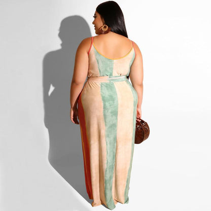 Large Women'S Stripe Loose Dress With Belt And Suspender Summer
