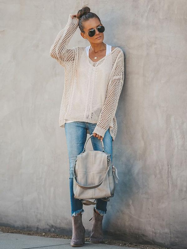 Hollow Solid Color V-Neck Knitting Sweater Tops