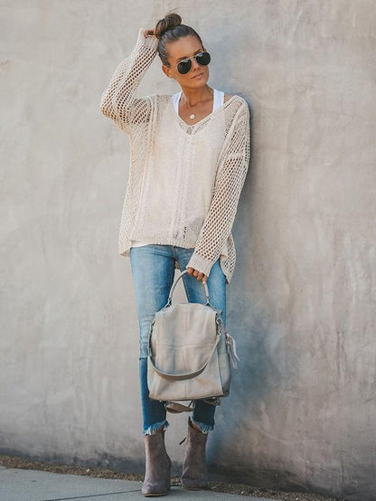 Hollow Solid Color V-Neck Knitting Sweater Tops