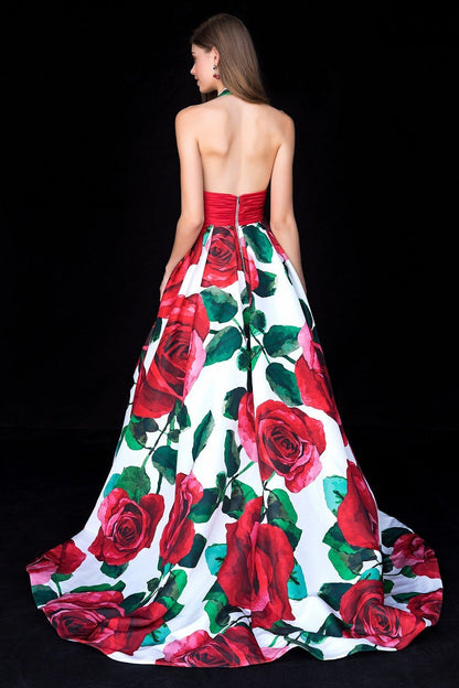 Dress Halter Neck V-Neck Backless Rose Flower Long Skirt
