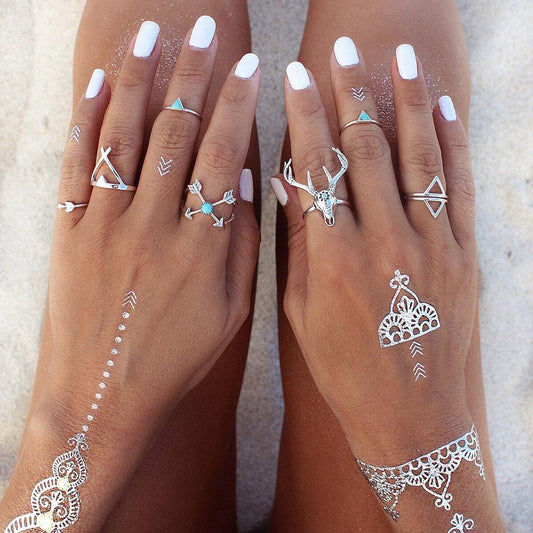 7Pcs Bohemian Christmas Elk Deer Geometric Turquoise Knuckle Unique Xmas Rings