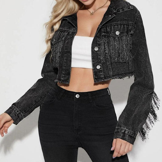 Trendy Lapel Collar Tassel Cropped Denim Jacket