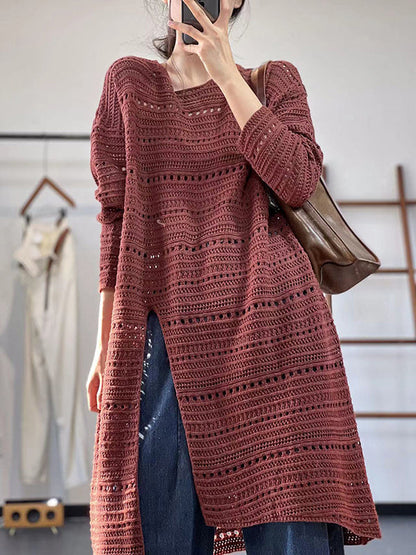 Long Sleeves Loose Hollow Solid Color Split-Front Round-Neck Sweater Dresses