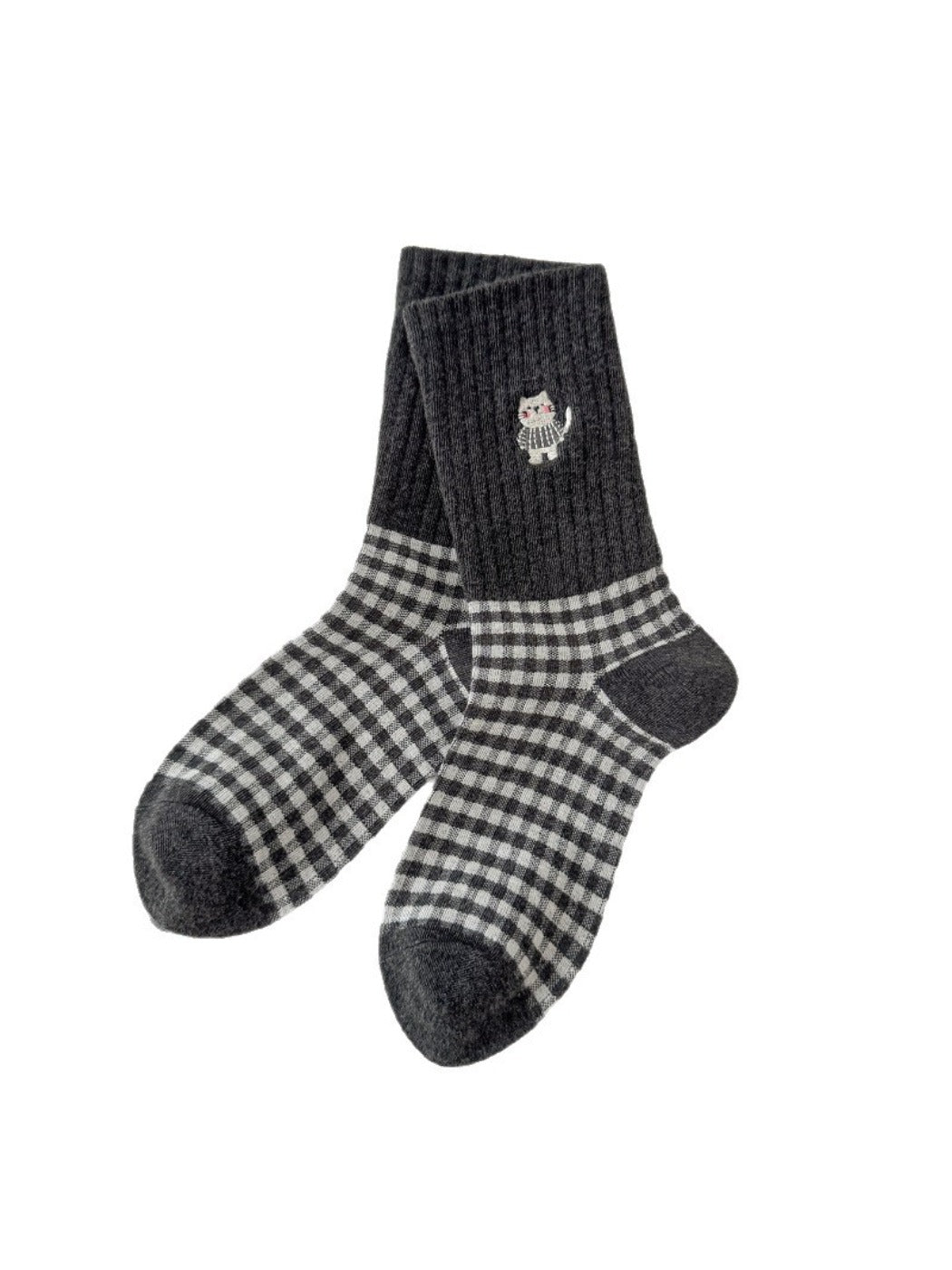 Rufia - Cute Cat Embroidery Plaid Socks for Women
