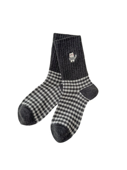 Rufia - Cute Cat Embroidery Plaid Socks for Women