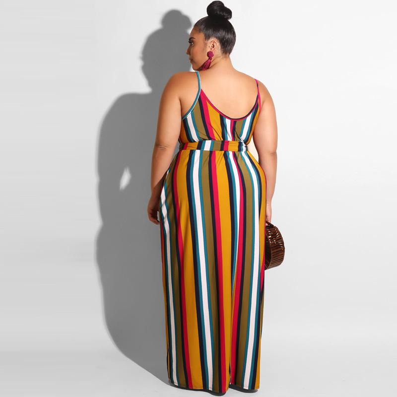 Large Women'S Stripe Loose Dress With Belt And Suspender Summer
