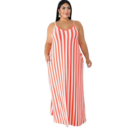 Large Women'S Stripe Loose Dress With Belt And Suspender Summer