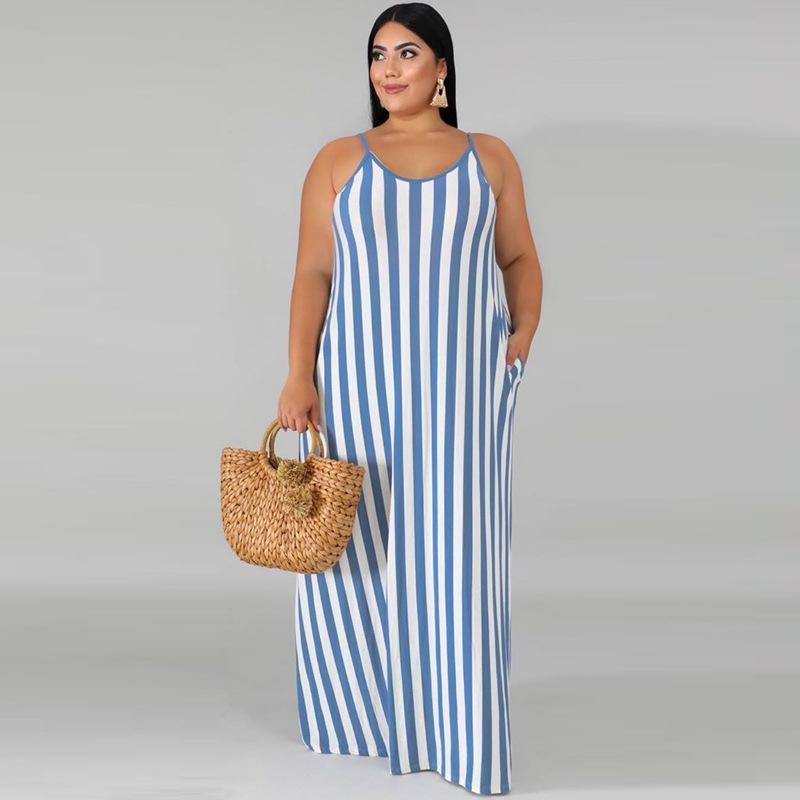 Large Women'S Stripe Loose Dress With Belt And Suspender Summer