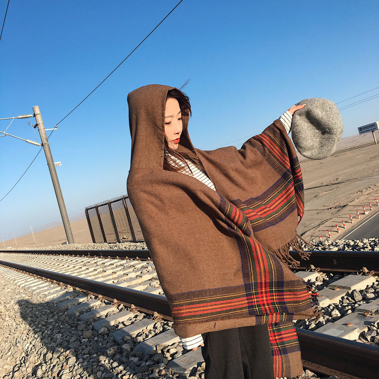 Ethnic Style Cape Shawl Women'S Cape With Hat Thickened Warm Tibetan Scarf Cape Jacket