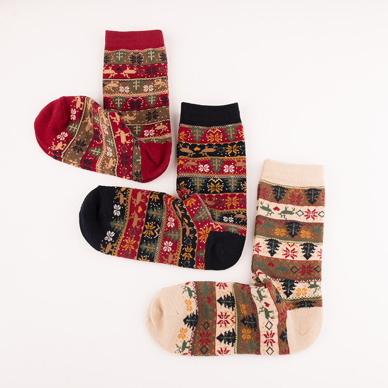 Retro Ethnic Women'S Socks And The Deer Snowflake Cotton Socks