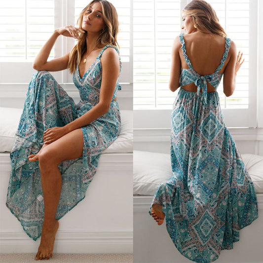 Sling Tie Knot Waist Print Dress