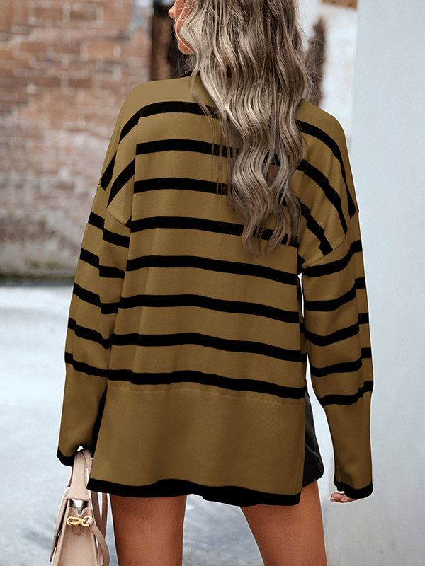 Loose Wrap Contrast Color Split-Side Striped High-Neck Sweater Tops