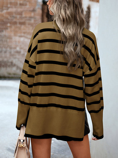 Loose Wrap Contrast Color Split-Side Striped High-Neck Sweater Tops