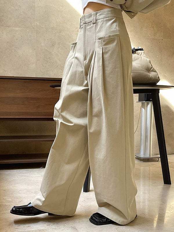 Original Loose Wide Legs Pleated Solid Color Pants