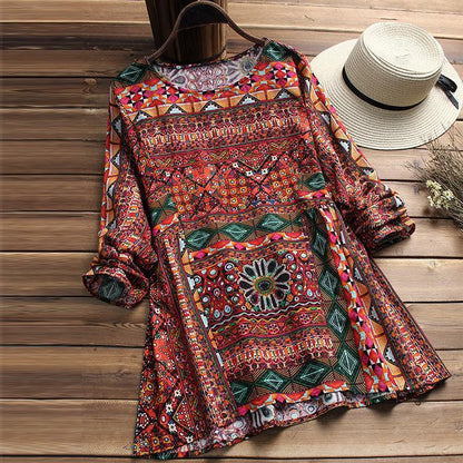 Cotton And Hemp Printing Loose Size Long-Sleeved Shirt